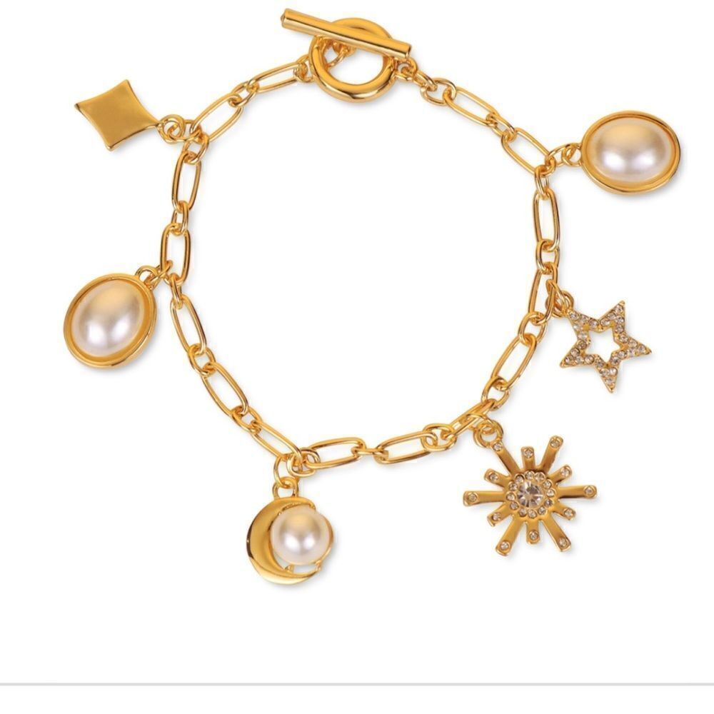 NWT Charter Club Gold-Tone Crystal & Imitation Pearl Celestial Charm Bracelet